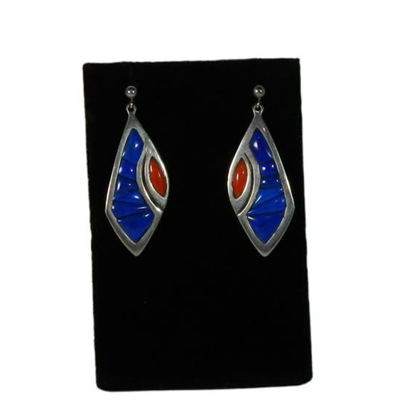 Sterling Silver and Lapis + Coral Inlay Earrings Signed "IVERSON"S" - Picture 1 of 10